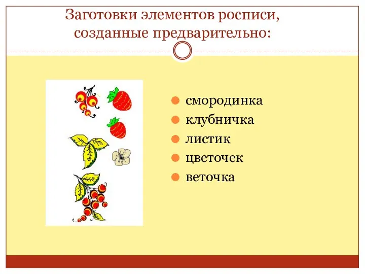 Заготовки элементов росписи, созданные предварительно: смородинка клубничка листик цветочек веточка