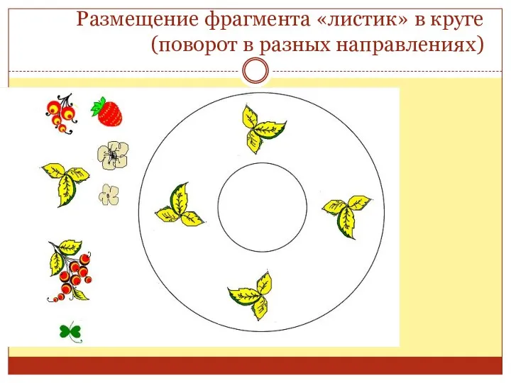 Размещение фрагмента «листик» в круге (поворот в разных направлениях)