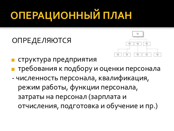 ОПЕРАЦИОННЫЙ ПЛАН ОПРЕДЕЛЯЮТСЯ структура предприятия требования к подбору и оценки персонала