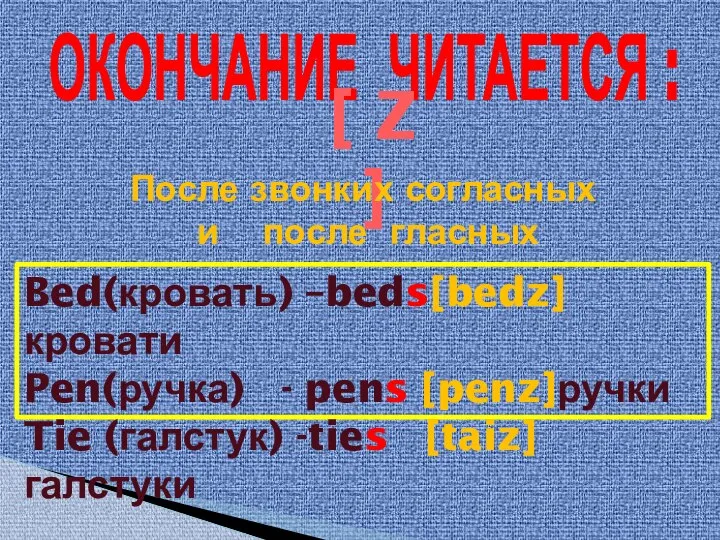 ОКОНЧАНИЕ ЧИТАЕТСЯ : [ Z ] После звонких согласных и после