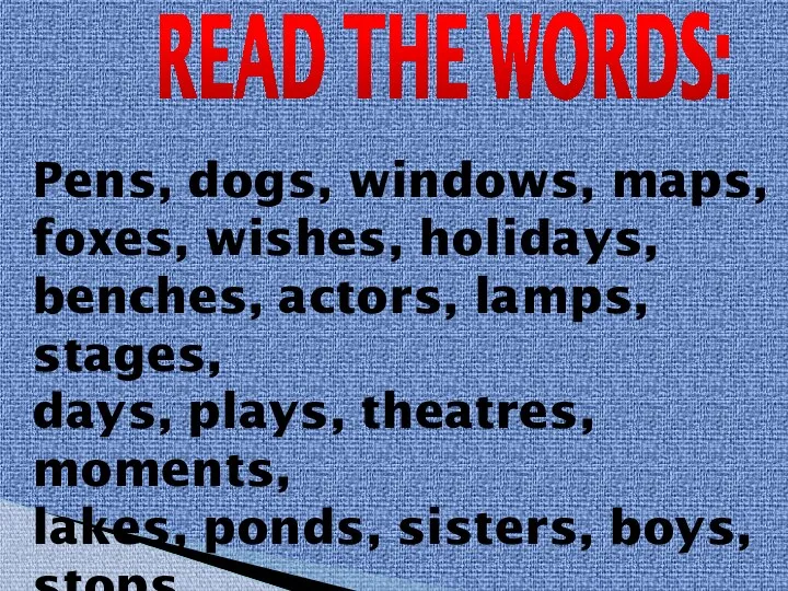 READ THE WORDS: Pens, dogs, windows, maps, foxes, wishes, holidays, benches,