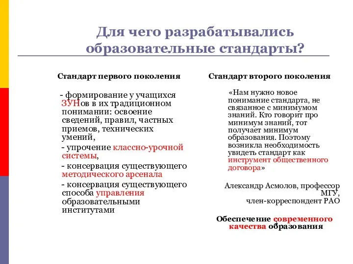 Для чего разрабатывались образовательные стандарты? Стандарт первого поколения - формирование у