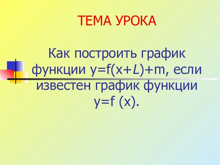 ТЕМА УРОКА Как построить график функции y=f(x+L)+m, если известен график функции y=f (x).