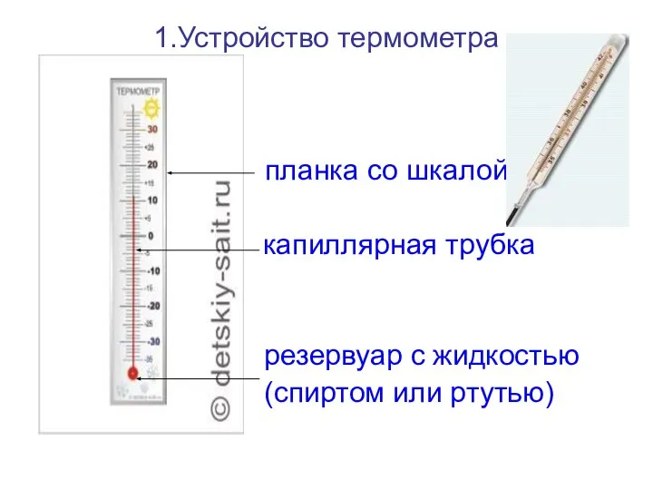 1.Устройство термометра планка со шкалой ……… капиллярная трубка резервуар с жидкостью (спиртом или ртутью)