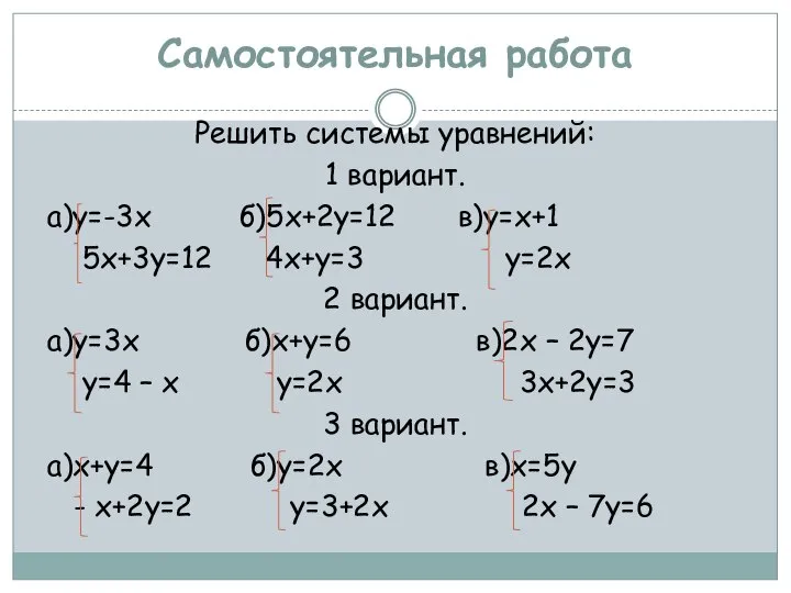 Самостоятельная работа Решить системы уравнений: 1 вариант. а)у=-3х б)5х+2у=12 в)у=х+1 5х+3у=12