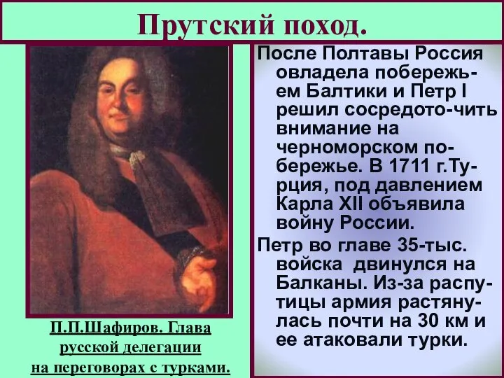 Прутский поход. После Полтавы Россия овладела побережь-ем Балтики и Петр I