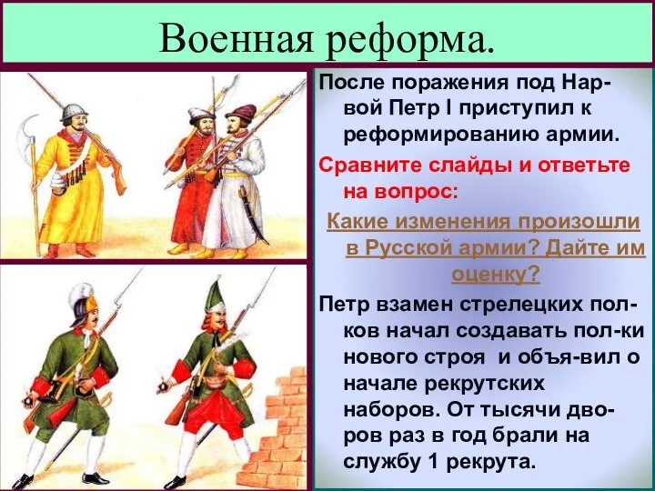 После поражения под Нар-вой Петр I приступил к реформированию армии. Сравните