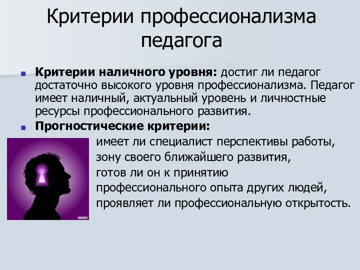 Критерии профессионализма педагога Критерии наличного уровня: достиг ли педагог достаточно высокого