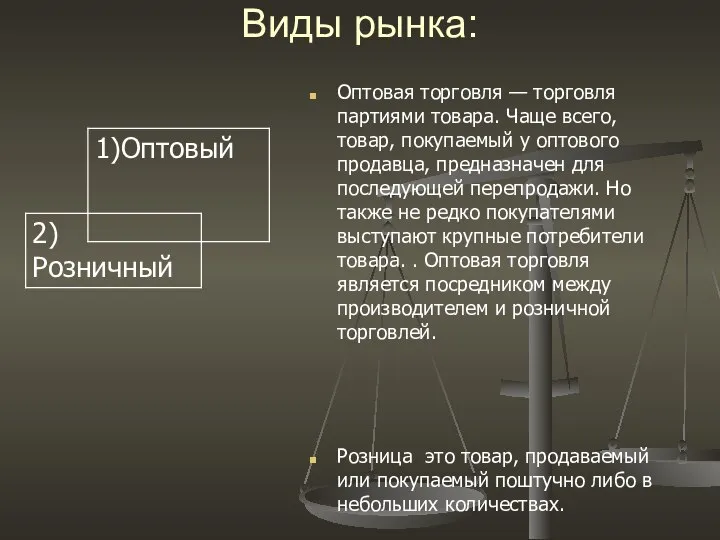 Виды рынка: Оптовая торговля — торговля партиями товара. Чаще всего, товар,