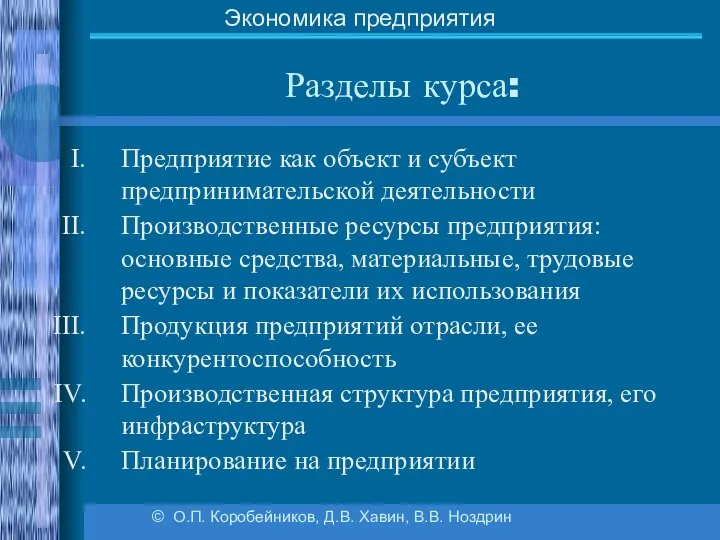 Разделы курса: © О.П. Коробейников, Д.В. Хавин, В.В. Ноздрин Экономика предприятия