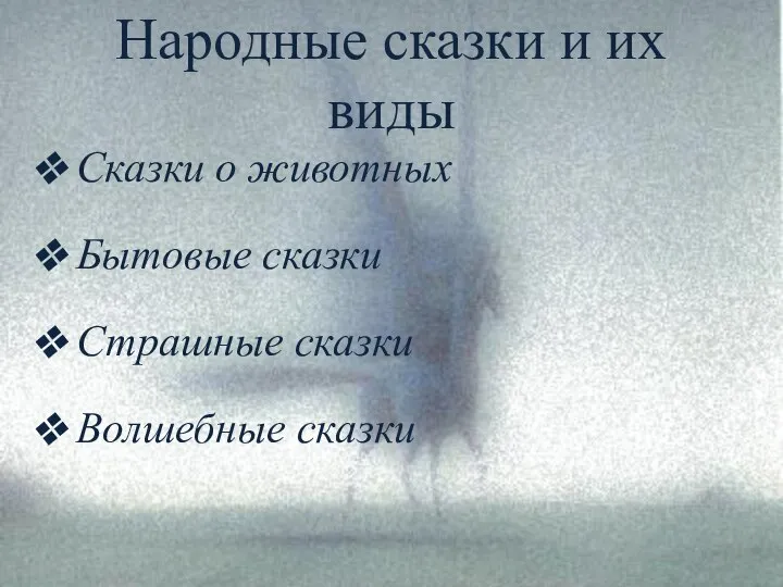 Народные сказки и их виды Сказки о животных Бытовые сказки Страшные сказки Волшебные сказки