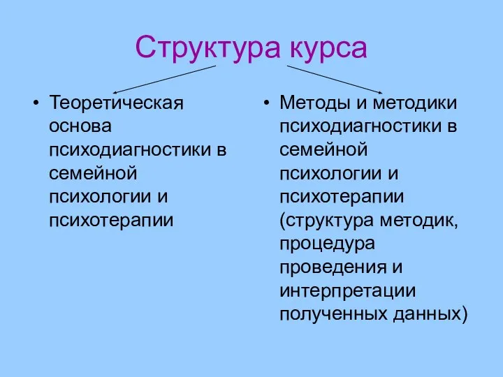 Структура курса Теоретическая основа психодиагностики в семейной психологии и психотерапии Методы