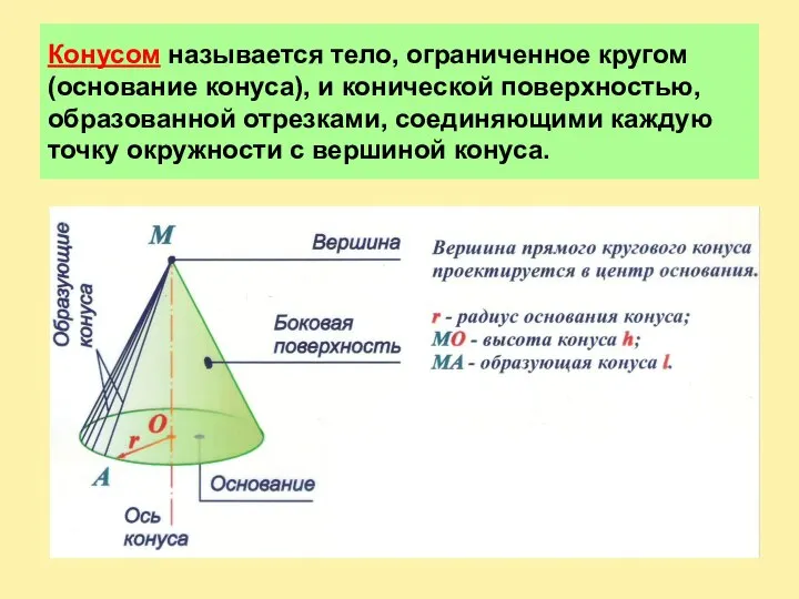 Конусом называется тело, ограниченное кругом (основание конуса), и конической поверхностью, образованной