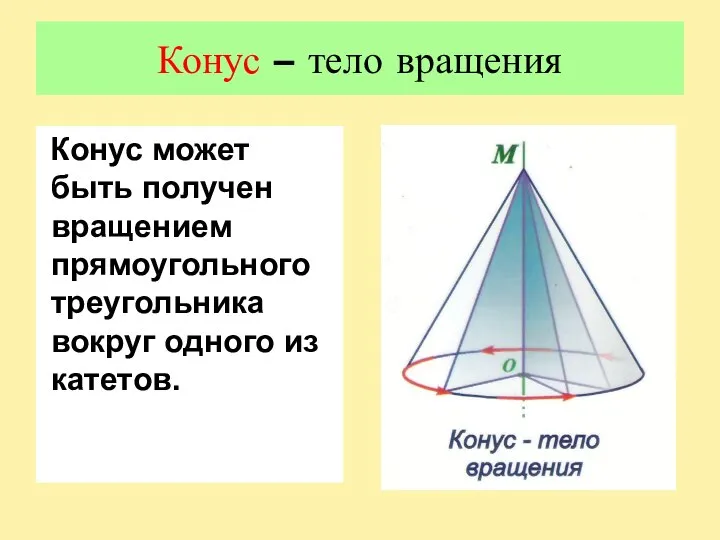 Конус – тело вращения Конус может быть получен вращением прямоугольного треугольника вокруг одного из катетов.