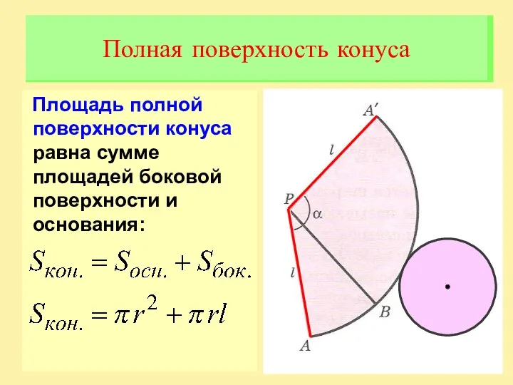 Площадь полной поверхности конуса равна сумме площадей боковой поверхности и основания: Полная поверхность конуса