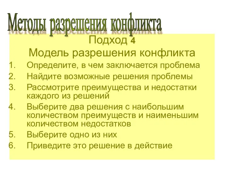 Подход 4 Модель разрешения конфликта Определите, в чем заключается проблема Найдите