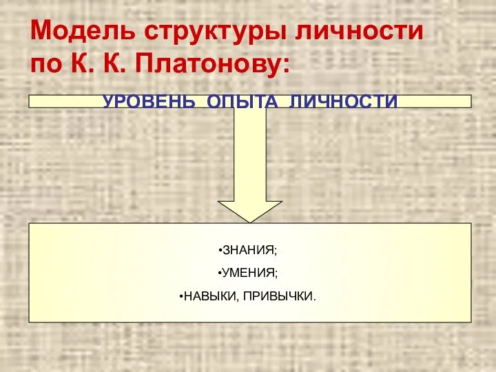 Модель структуры личности по К. К. Платонову: УРОВЕНЬ ОПЫТА ЛИЧНОСТИ ЗНАНИЯ; УМЕНИЯ; НАВЫКИ, ПРИВЫЧКИ.