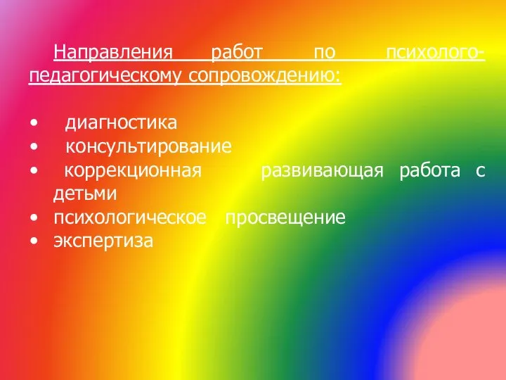 Направления работ по психолого-педагогическому сопровождению: диагностика консультирование коррекционная развивающая работа с детьми психологическое просвещение экспертиза