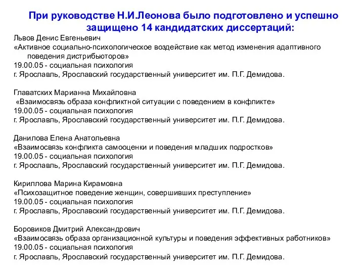 При руководстве Н.И.Леонова было подготовлено и успешно защищено 14 кандидатских диссертаций: