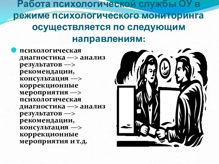 Работа психологической службы ОУ в режиме психологического мониторинга осуществляется по следующим