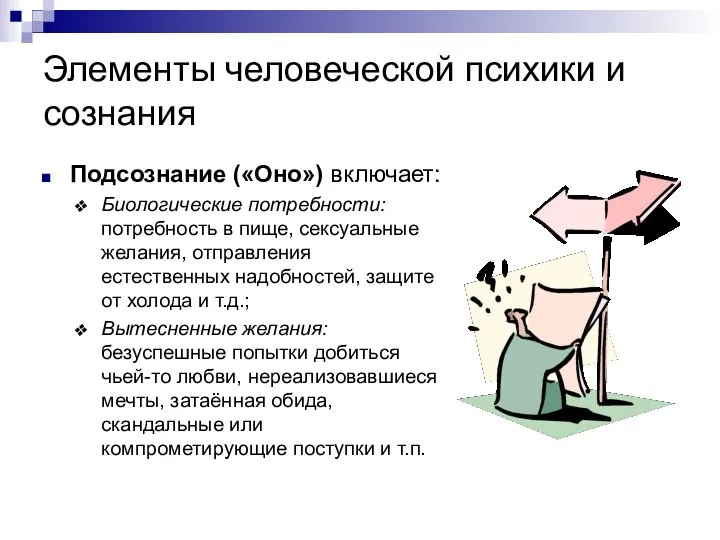 Элементы человеческой психики и сознания Подсознание («Оно») включает: Биологические потребности: потребность