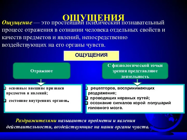 ОЩУЩЕНИЯ Ощущение — это простейший психический познавательный процесс отражения в сознании