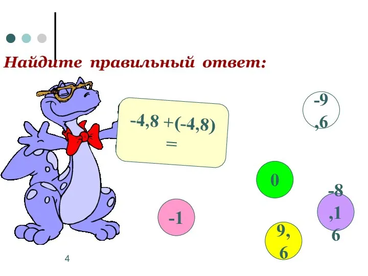 Найдите правильный ответ: -4,8 +(-4,8) = -1 0 9,6 -9,6 -8,16