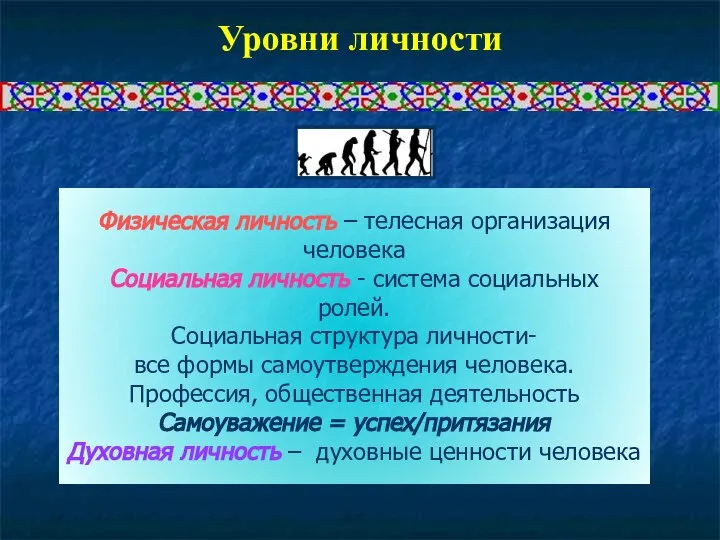 Уровни личности Физическая личность – телесная организация человека Социальная личность -