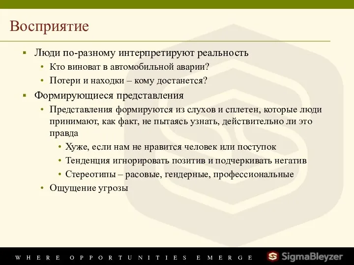 Восприятие Люди по-разному интерпретируют реальность Кто виноват в автомобильной аварии? Потери