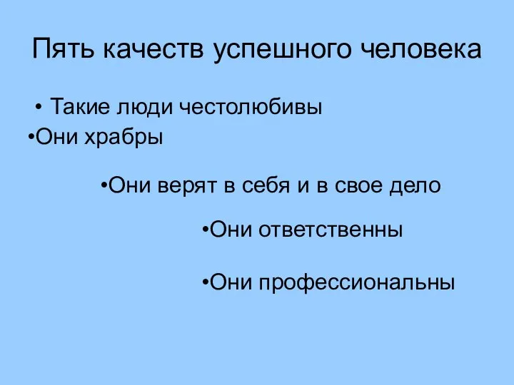 Пять качеств успешного человека Такие люди честолюбивы Они храбры Они верят