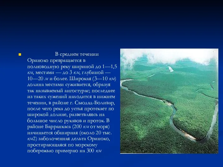 В среднем течении Ориноко превращается в полноводную реку шириной до 1—1,5