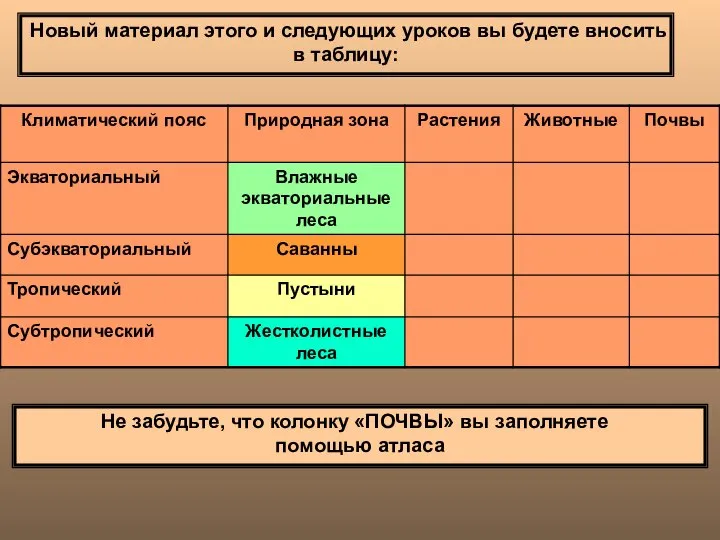 Новый материал этого и следующих уроков вы будете вносить в таблицу: