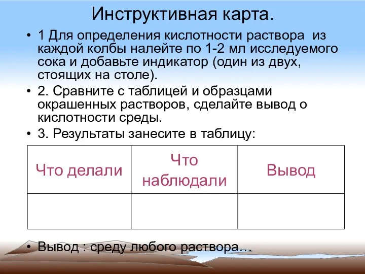 Инструктивная карта. 1 Для определения кислотности раствора из каждой колбы налейте