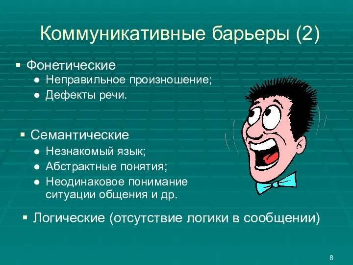 Коммуникативные барьеры (2) Фонетические Неправильное произношение; Дефекты речи. Семантические Незнакомый язык;