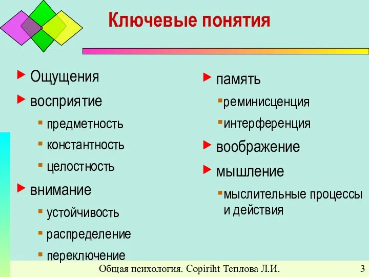 Общая психология. Copiriht Теплова Л.И. Ключевые понятия Ощущения восприятие предметность константность