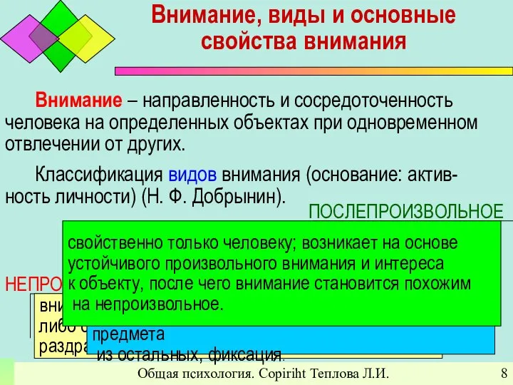 Общая психология. Copiriht Теплова Л.И. Внимание, виды и основные свойства внимания