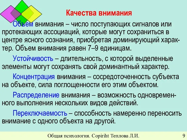 Общая психология. Copiriht Теплова Л.И. Качества внимания Объем внимания – число