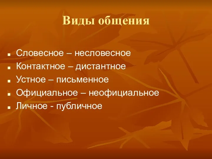 Виды общения Словесное – несловесное Контактное – дистантное Устное – письменное