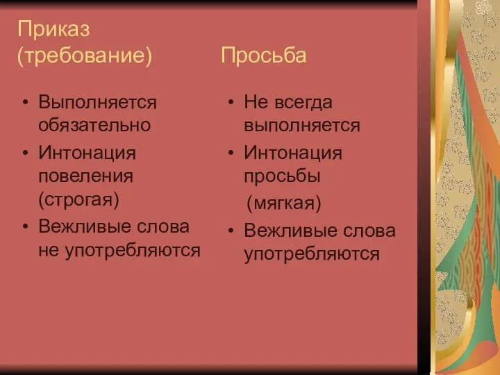 Приказ (требование) Просьба Выполняется обязательно Интонация повеления (строгая) Вежливые слова не