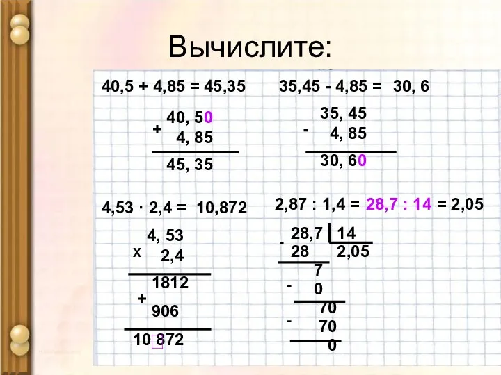 Вычислите: 40, 5 4, 85 45, 35 + 0 40,5 +