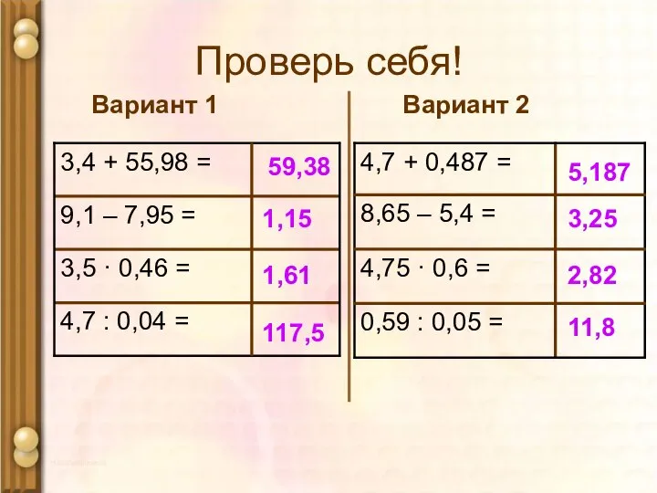 Проверь себя! Вариант 1 Вариант 2 59,38 1,15 1,61 117,5 5,187 3,25 2,82 11,8