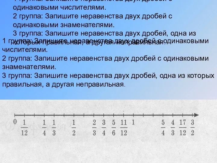 1 группа: Запишите неравенства двух дробей с одинаковыми числителями. 2 группа: