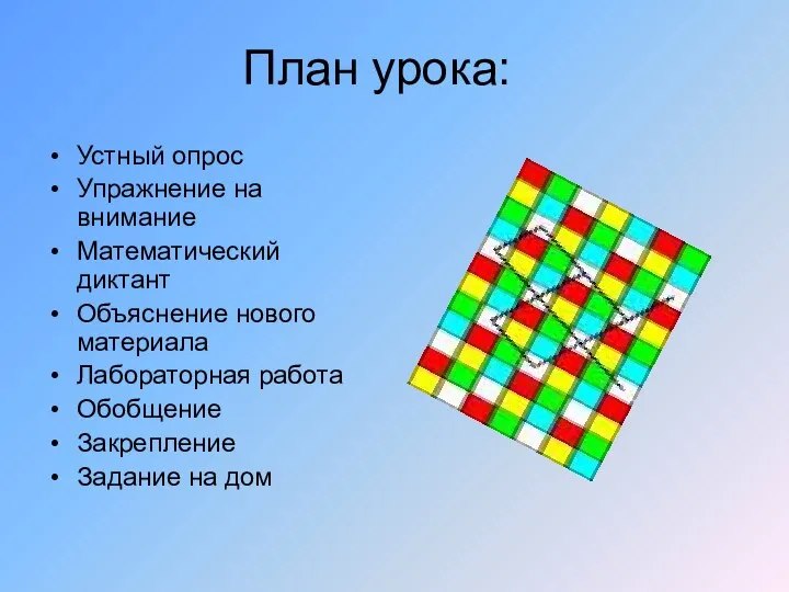 План урока: Устный опрос Упражнение на внимание Математический диктант Объяснение нового