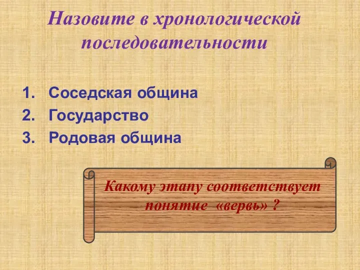 Назовите в хронологической последовательности Соседская община Государство Родовая община Какому этапу соответствует понятие «вервь» ?