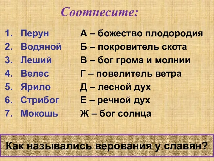 Соотнесите: Перун Водяной Леший Велес Ярило Стрибог Мокошь А – божество