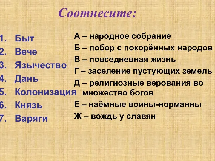 Соотнесите: Быт Вече Язычество Дань Колонизация Князь Варяги А – народное