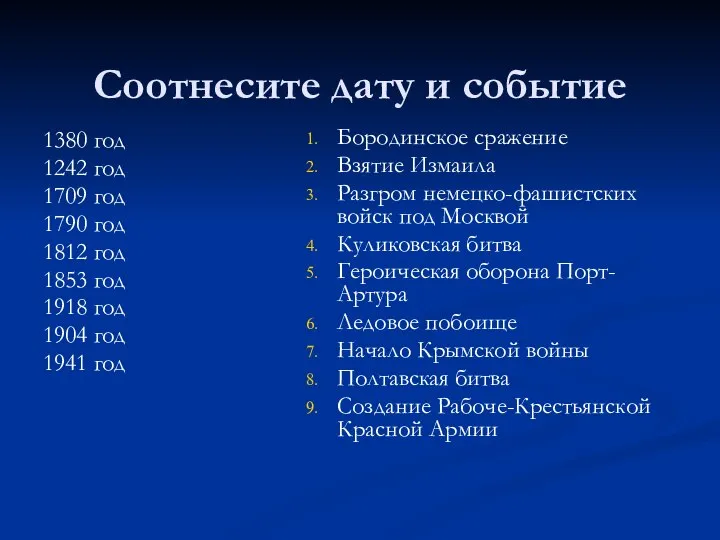 Соотнесите дату и событие 1380 год 1242 год 1709 год 1790