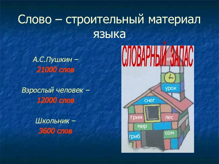 Слово – строительный материал языка А.С.Пушкин – 21000 слов Взрослый человек