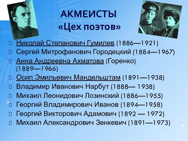 АКМЕИСТЫ «Цех поэтов» Николай Степанович Гумилев (1886—1921) Сергей Митрофанович Городецкий (1884—1967)