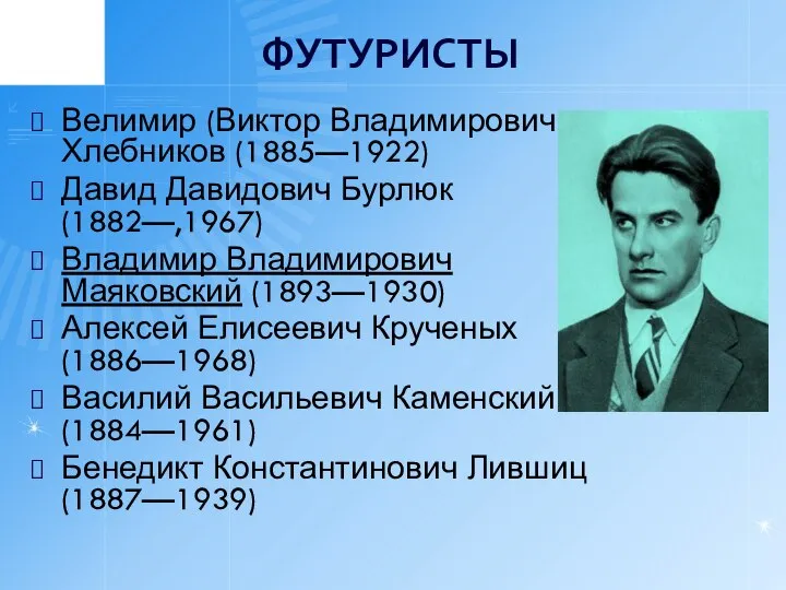 ФУТУРИСТЫ Велимир (Виктор Владимирович) Хлебников (1885—1922) Давид Давидович Бурлюк (1882—,1967) Владимир